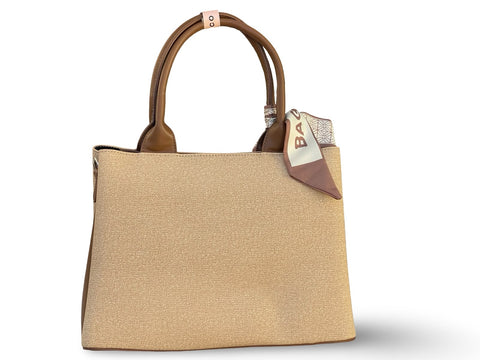BAGCO Woven Panel Structured Tote with Silk Accent (Light Brown)