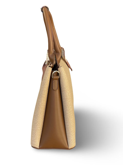 BAGCO Woven Panel Structured Tote with Silk Accent (Light Brown)