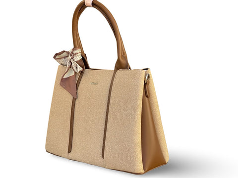 BAGCO Woven Panel Structured Tote with Silk Accent (Light Brown)