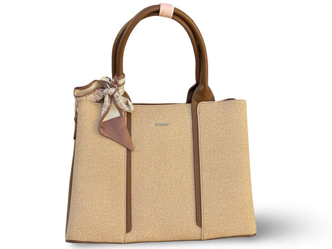 BAGCO Woven Panel Structured Tote with Silk Accent (Light Brown)