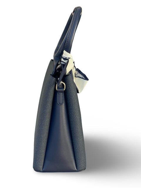 BAGCO Woven Panel Structured Tote with Silk Accent (Blue)