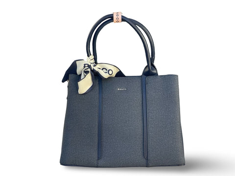 BAGCO Woven Panel Structured Tote with Silk Accent (Blue)