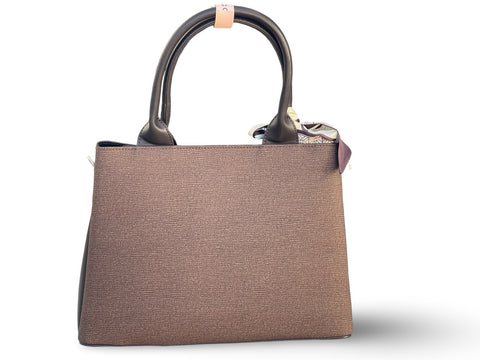BAGCO Woven Panel Structured Tote with Silk Accent (Brown)