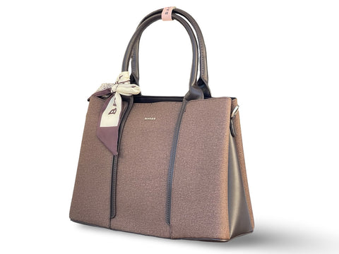 BAGCO Woven Panel Structured Tote with Silk Accent (Brown)