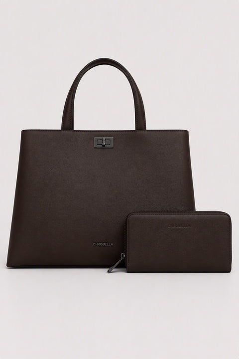 Spacious CHRISBELLA  Laptop Tote Handbag & Wallet Set- Dark Brown