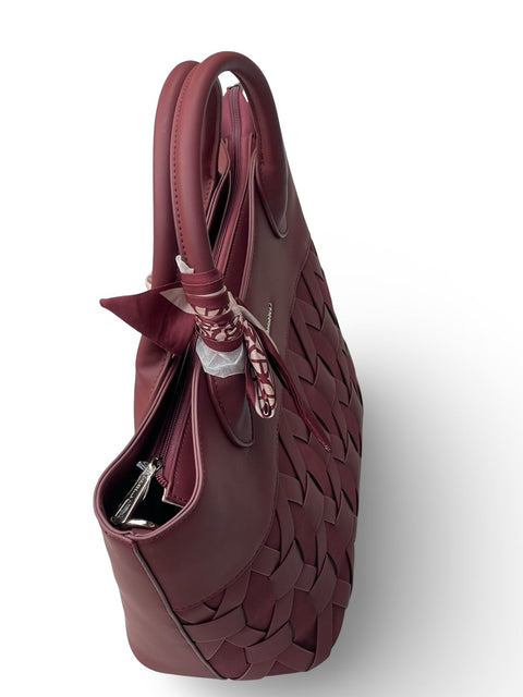 Chrisbella Woven-Texture Trapeze Burgundy Tote Bag