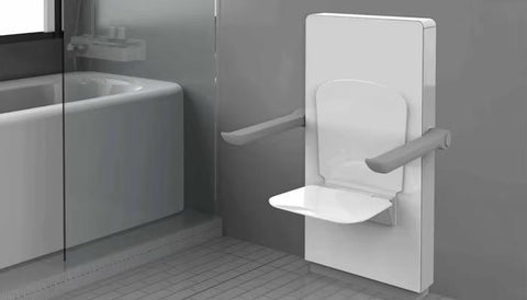 Wall-Mounted Fold-Down Shower Seat with Armrests-White