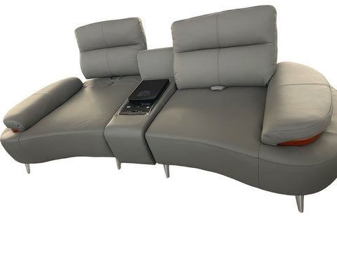 Modern Curved Sectional Leather Sofa Set with Wooden Accents & Console