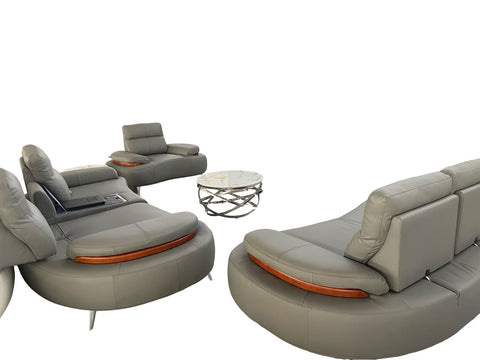 Modern Curved Sectional Leather Sofa Set with Wooden Accents & Console