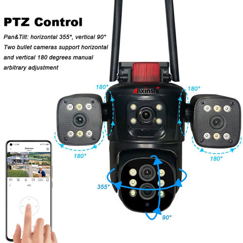 Anxinshi QuadView 4-Lens PTZ WiFi Security Camera- Black