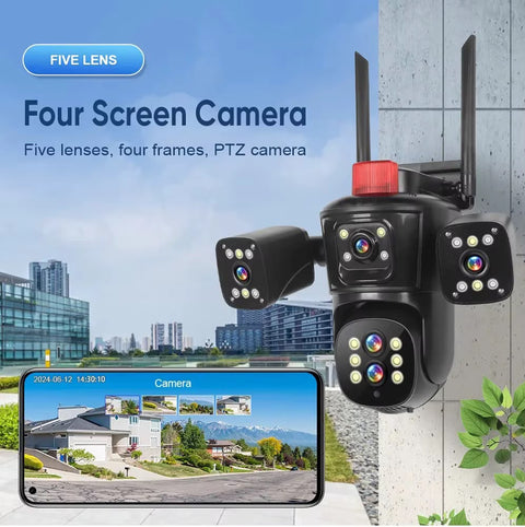 Anxinshi QuadView 4-Lens PTZ WiFi Security Camera- Black