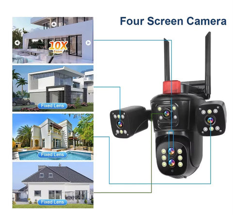 Anxinshi QuadView 4-Lens PTZ WiFi Security Camera- Black