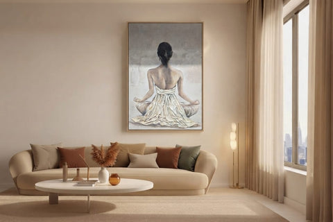 Framed Woman Meditating Canvas Art with Silver Frame