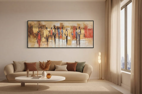 Framed Abstract City Strollers Canvas Art with Natural Wooden Frame