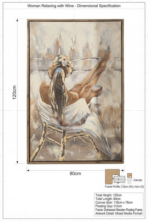 Framed Relaxing Woman with Wine Canvas Art with Wooden Frame