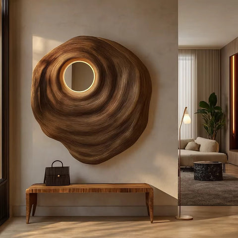 Organic Wooden Wall Mirror with Integrated LED Backlighting