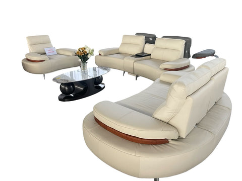 Modern Curved Sectional Leather Sofa Set with Wooden Accents & Console