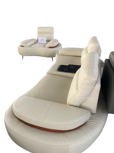Modern Curved Sectional Leather Sofa Set with Wooden Accents & Console