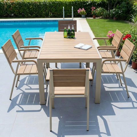 7-Piece Outdoor Patio Aluminum & Wood-Slat Dining Set